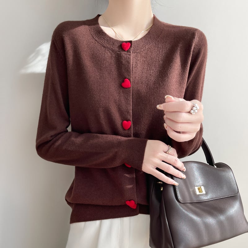 Cardigan tricotat cu guler rotund din catifea, stil dulce Andy, primăvară, design cu nasturi Love, jachetă cu mânecă lungă pentru femei