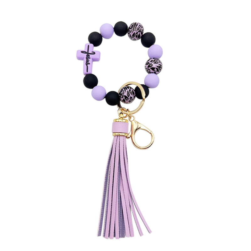Határokon átnyúló, forró kereszt szilikon gyöngyös elveszett karkötő leopárd gyöngyökkel, PU bojtos karkötő kulcstartó