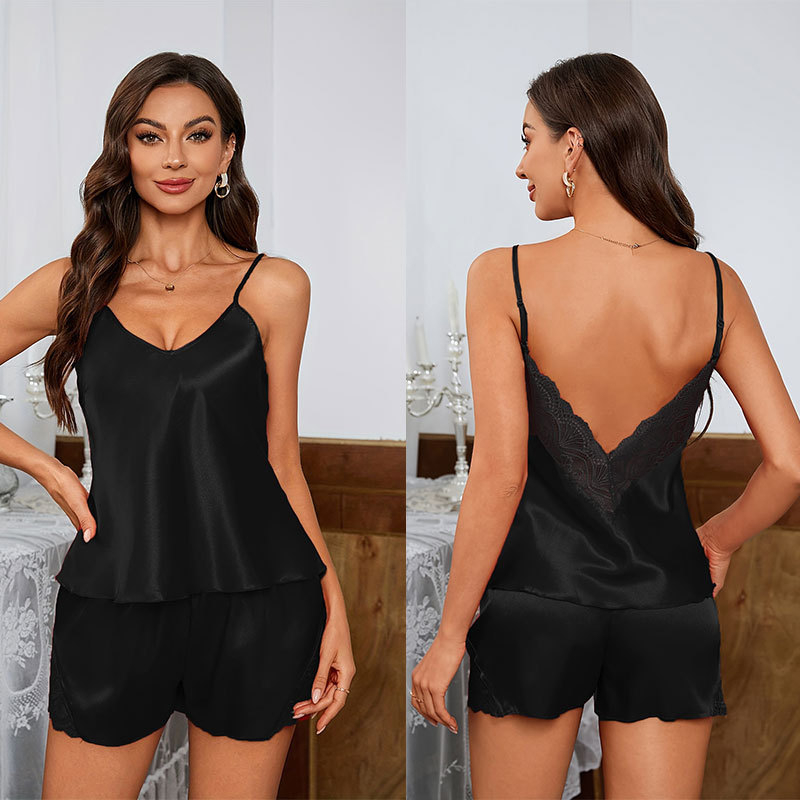 Pijamale sexy pentru femei transfrontaliere, pantaloni scurți subțiri, dantelă imprimată, imitație de mătase, haine de casă, en-gros