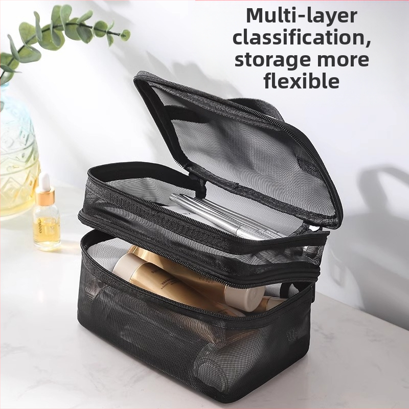 Найлонова мрежеста двуслойна козметична чанта за жени с голям капацитет, преносима козметика за пътуване, чанта за съхранение на едро, печат на лого
