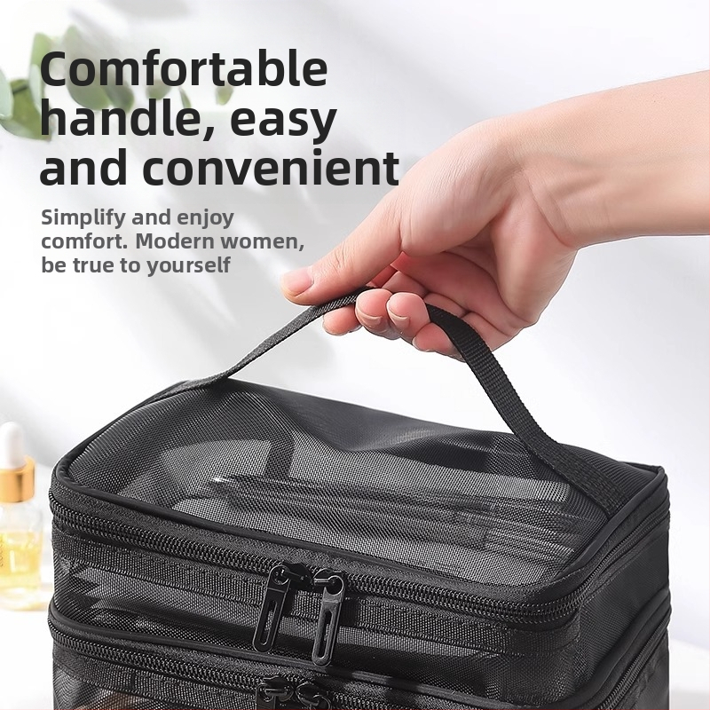 Найлонова мрежеста двуслойна козметична чанта за жени с голям капацитет, преносима козметика за пътуване, чанта за съхранение на едро, печат на лого