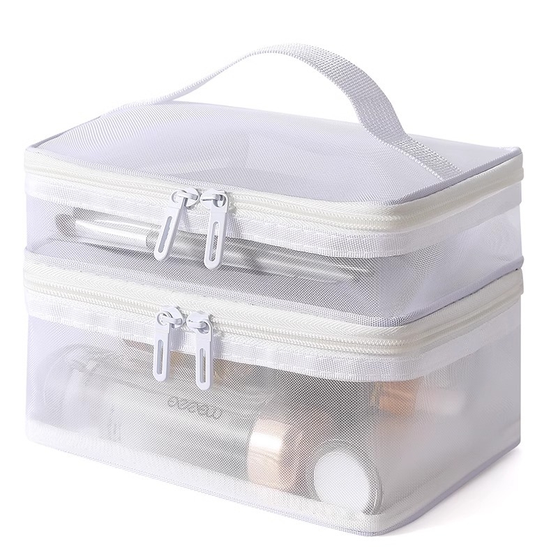 Nailonvõrgust kahekihiline kosmeetikakott, naiste suure mahutavusega kaasaskantav reisikosmeetika pesukott, hulgimüügitrükk, LOGO