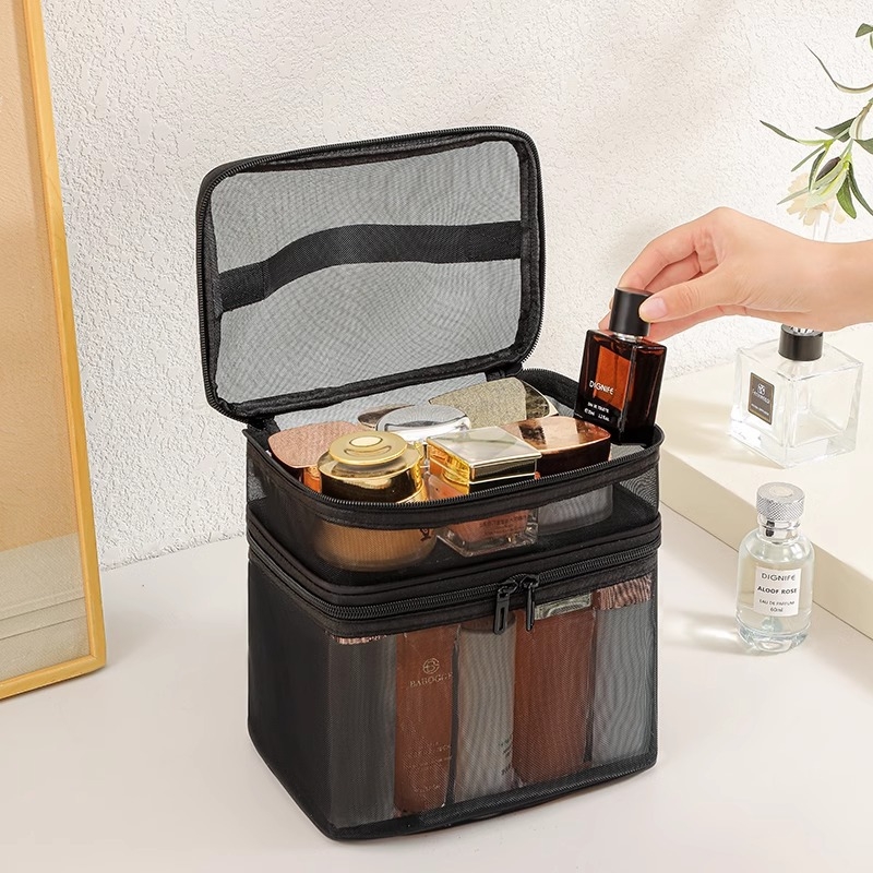 Nailonvõrgust kahekihiline kosmeetikakott, naiste suure mahutavusega kaasaskantav reisikosmeetika pesukott, hulgimüügitrükk, LOGO