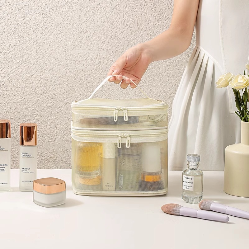 Nailonvõrgust kahekihiline kosmeetikakott, naiste suure mahutavusega kaasaskantav reisikosmeetika pesukott, hulgimüügitrükk, LOGO
