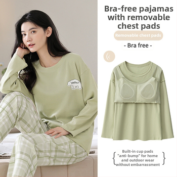 [Με μαξιλαράκι στήθους] γυναικεία βαμβακερή πιτζάμα με μακριά μανίκια, φθινόπωρο και χειμώνα, νέα, αντι-φουσκωτή, γλυκιά φόρμα σπιτιού, δύο τεμαχίων