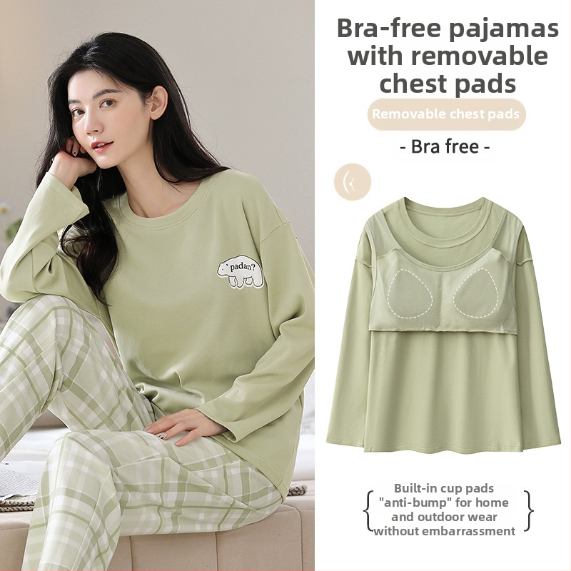 [S jastučićem za prsa] Ženske pamučne hlače dugih rukava, pidžama, jesensko-zimski model, novo dvodijelno odijelo otporno na udarce