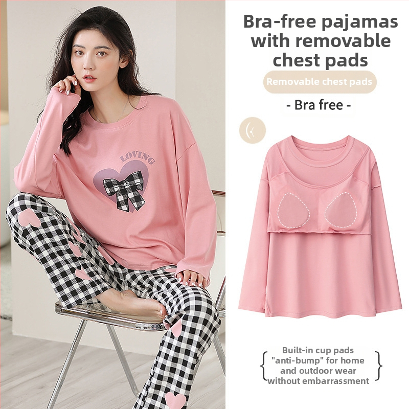 [S jastučićem za prsa] Ženske pamučne hlače dugih rukava, pidžama, jesensko-zimski model, novo dvodijelno odijelo otporno na udarce