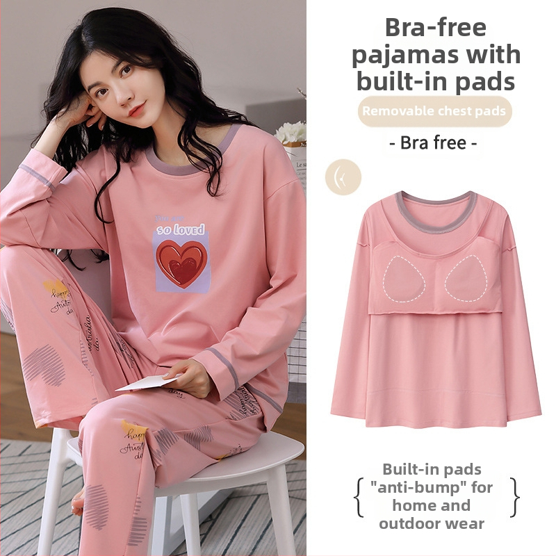 [S jastučićem za prsa] Ženske pamučne hlače dugih rukava, pidžama, jesensko-zimski model, novo dvodijelno odijelo otporno na udarce