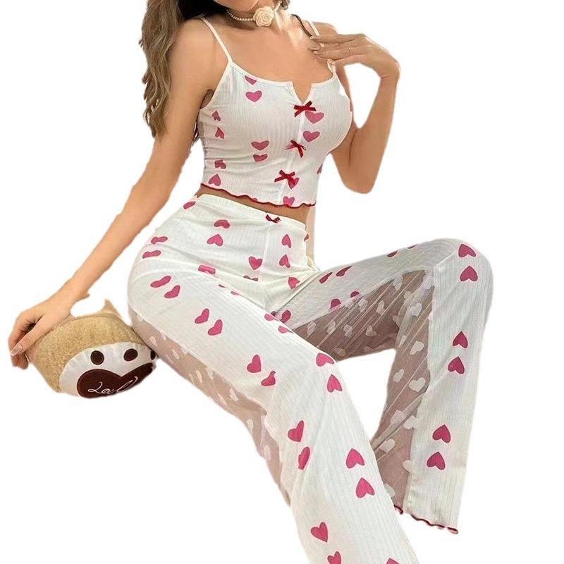 Pijamale sexy transfrontaliere subțiri europene și americane, transparente, frumoase, cu spate în plasă, fără mâneci, pentru acasă, haine de dragoste imprimate, pantaloni cu sling