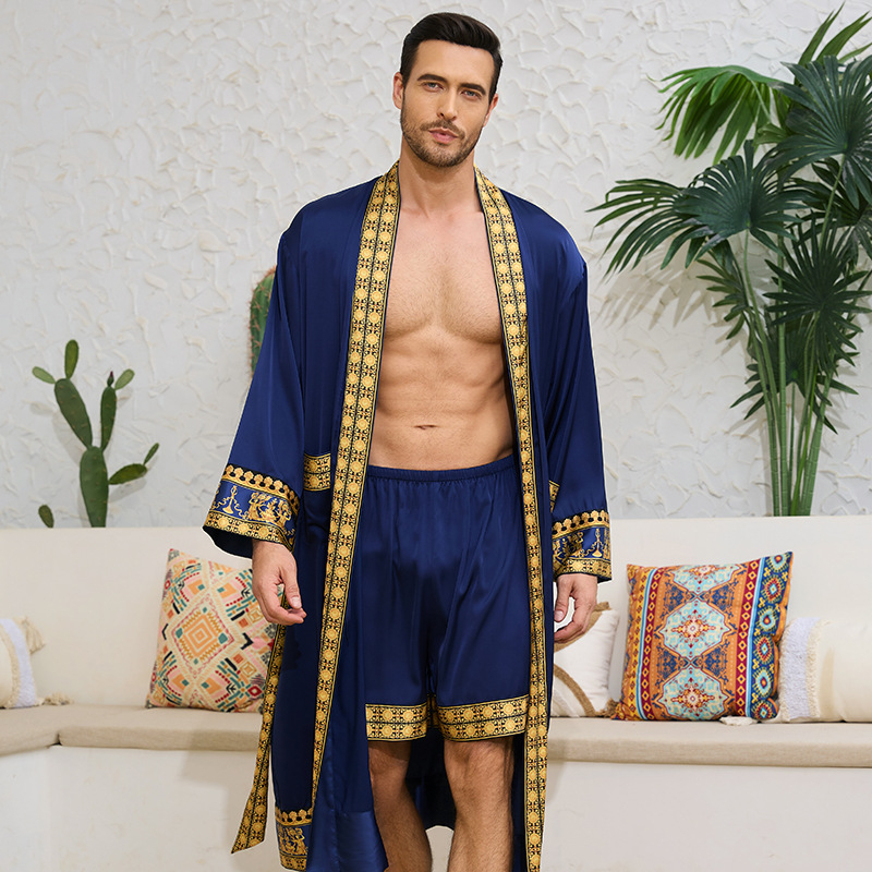 Jauns, pārrobežu stilā darināts Eiropas un Amerikas baroka stila satīna halāts, šorti, naktskrekls, vīriešu mājas apģērbs 3403 3397