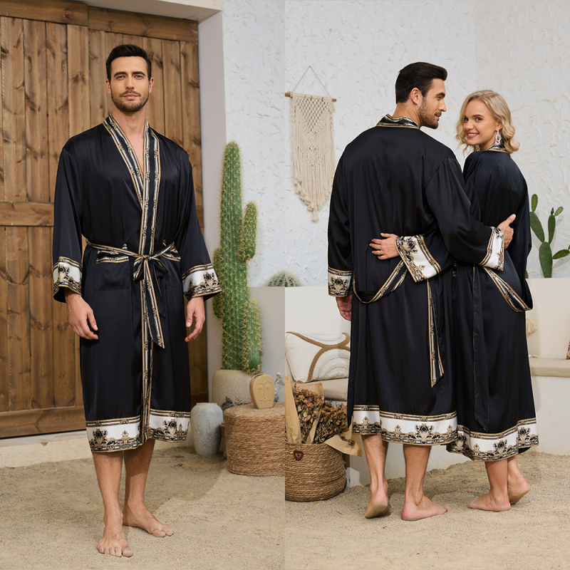 Jauns, pārrobežu stilā darināts Eiropas un Amerikas baroka stila satīna halāts, šorti, naktskrekls, vīriešu mājas apģērbs 3403 3397