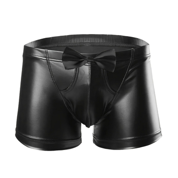 Σέξι μποξεράκια από λουστρίνι για άνδρες, διασυνοριακού εμπορίου, με διακοσμητικό φιόγκο και κυρτό σχέδιο σε σχήμα U, από απομίμηση δέρματος σε φωτεινό χρώμα.