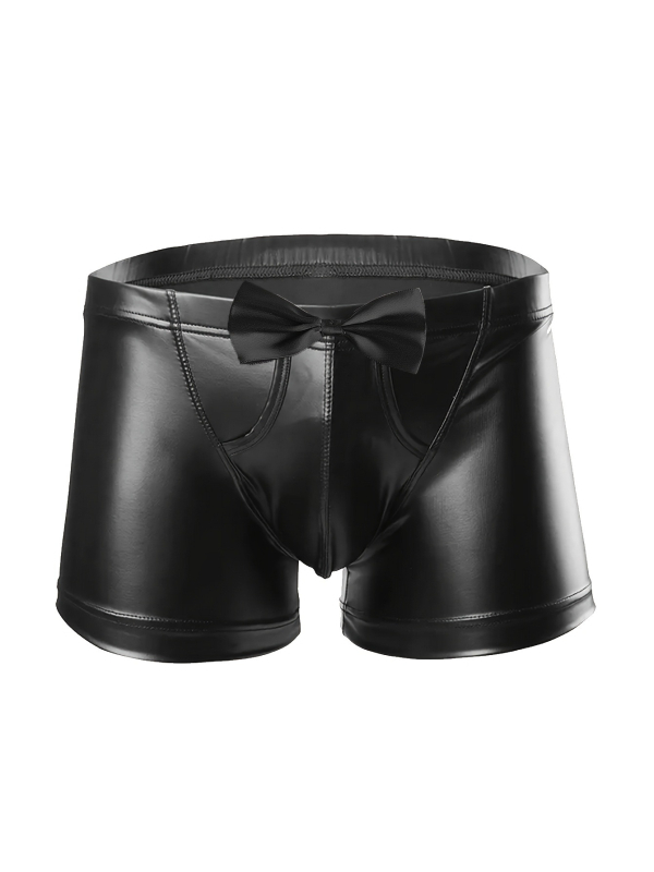 Vyriškos seksualios lakuotos odos bokseriai su kaspinu, dekoratyviniu U formos išgaubtu dizainu, ryškios dirbtinės odos kelnaitės, skirtos užsienio prekybai pasienyje.