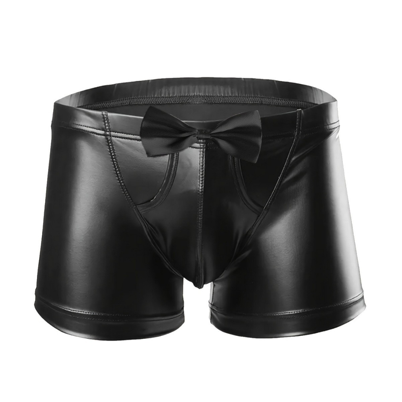 Vyriškos seksualios lakuotos odos bokseriai su kaspinu, dekoratyviniu U formos išgaubtu dizainu, ryškios dirbtinės odos kelnaitės, skirtos užsienio prekybai pasienyje.