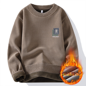 Мъжки есенно-зимен кадифен пуловер от едно парче, с дълъг ръкав и удебелена подплата от полар, ежедневен, многофункционален, топъл