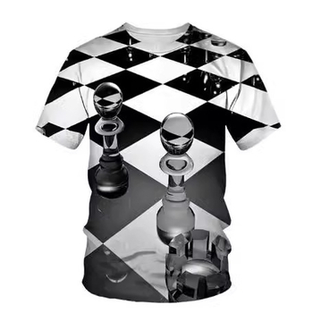 Ανδρικό μπλουζάκι διασυνοριακού εμπορίου 2024, μοντέρνο casual μπλουζάκι με τρισδιάστατη εκτύπωση σκακιού και στρογγυλή λαιμόκοψη, με κοντομάνικο μανίκι
