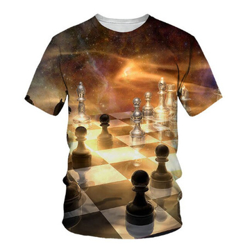 Ανδρικό μπλουζάκι διασυνοριακού εμπορίου 2024, μοντέρνο casual μπλουζάκι με τρισδιάστατη εκτύπωση σκακιού και στρογγυλή λαιμόκοψη, με κοντομάνικο μανίκι