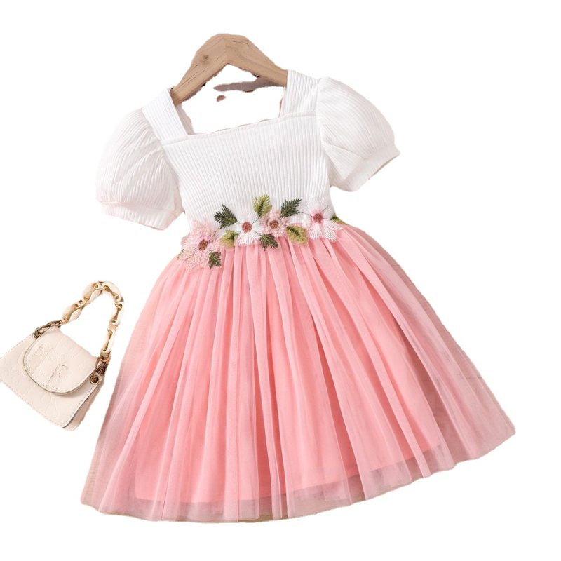 Rochie de vară pentru copii și fete, cu guler pătrat, mânecă scurtă, cusătură florală mică, la modă, din plasă