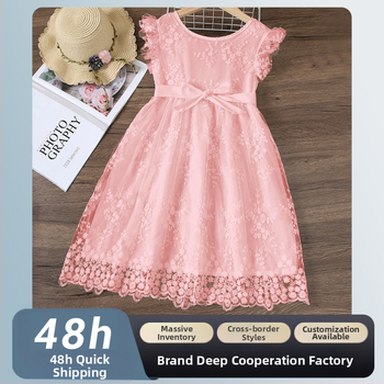 Fustă brodată cu mâneci mici pentru copii, îmbrăcăminte pentru copii, rochie de plasă în stil la modă de vară 2025, vânzare fierbinte în Europa și America
