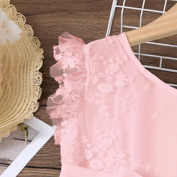 Fustă brodată cu mâneci mici pentru copii, îmbrăcăminte pentru copii, rochie de plasă în stil la modă de vară 2025, vânzare fierbinte în Europa și America