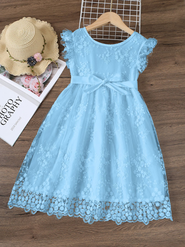 Fustă brodată cu mâneci mici pentru copii, îmbrăcăminte pentru copii, rochie de plasă în stil la modă de vară 2025, vânzare fierbinte în Europa și America