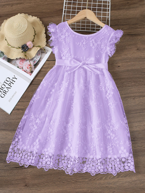 Fustă brodată cu mâneci mici pentru copii, îmbrăcăminte pentru copii, rochie de plasă în stil la modă de vară 2025, vânzare fierbinte în Europa și America