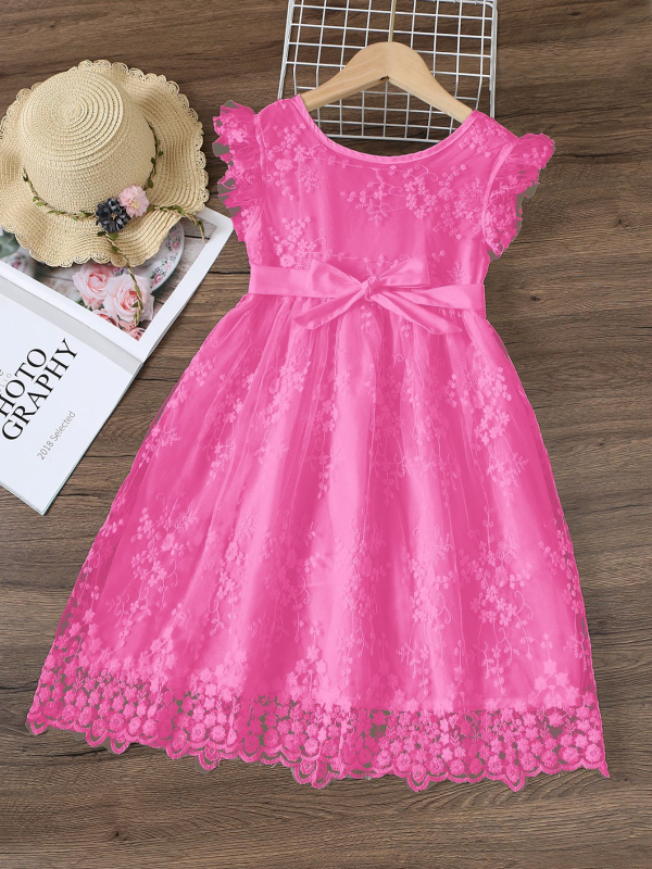 Fustă brodată cu mâneci mici pentru copii, îmbrăcăminte pentru copii, rochie de plasă în stil la modă de vară 2025, vânzare fierbinte în Europa și America