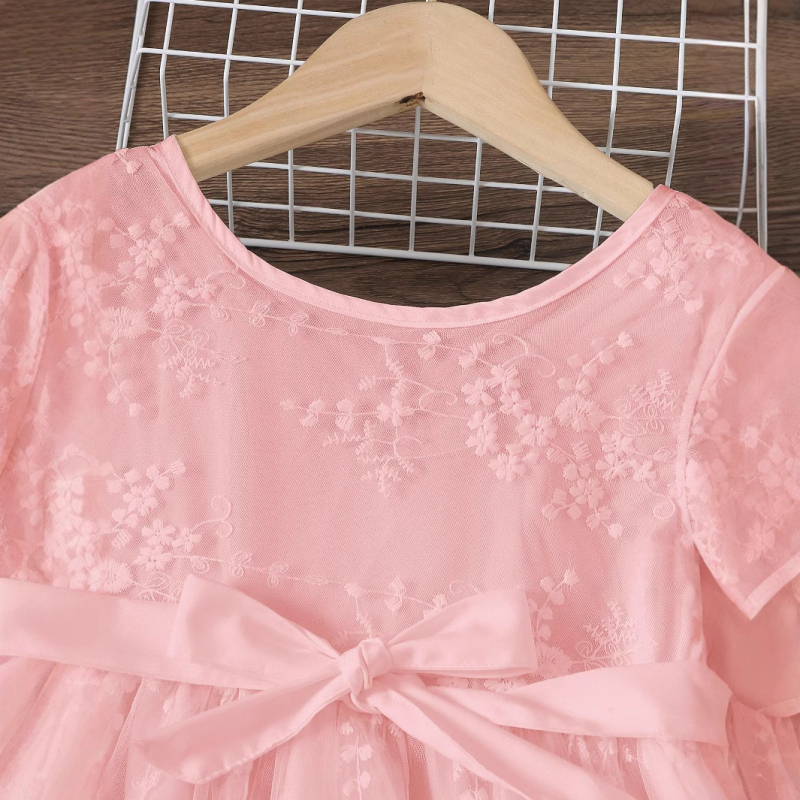 Fustă brodată cu mâneci mici pentru copii, îmbrăcăminte pentru copii, rochie de plasă în stil la modă de vară 2025, vânzare fierbinte în Europa și America