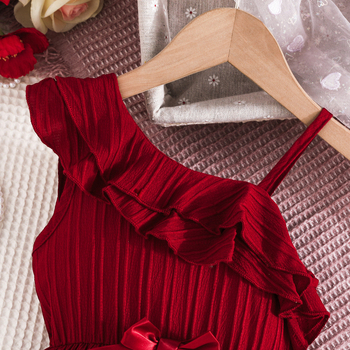 2025 καλοκαίρι νέο ευρωπαϊκό και αμερικανικό χαριτωμένο γλυκό κορίτσι μονόχρωμο φόρεμα ώμου διακόσμηση φιόγκο μια γενιά μαλλιών