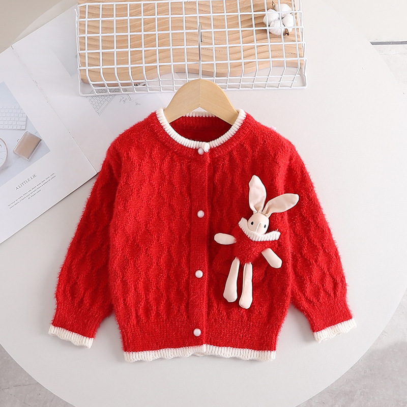 Djevojački džemper, zadebljani jesenski i zimski kaput s crtanim džepovima i zečjim džepom, slatki top za djevojčice, džemper u zapadnjačkom stilu