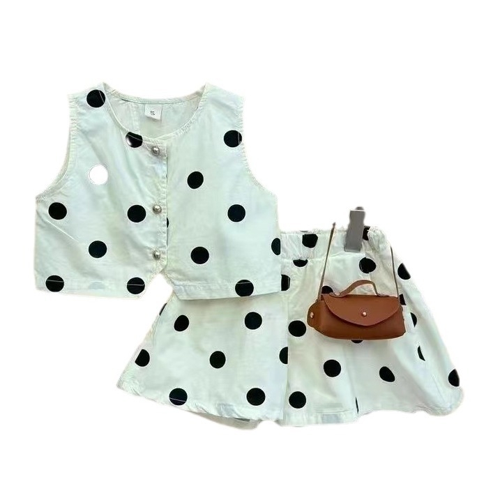 Fete 2025 vară stil coreean Polka Dot top și pantaloni scurți set din două piese pentru fete copii costum la modă fără mâneci cu buline