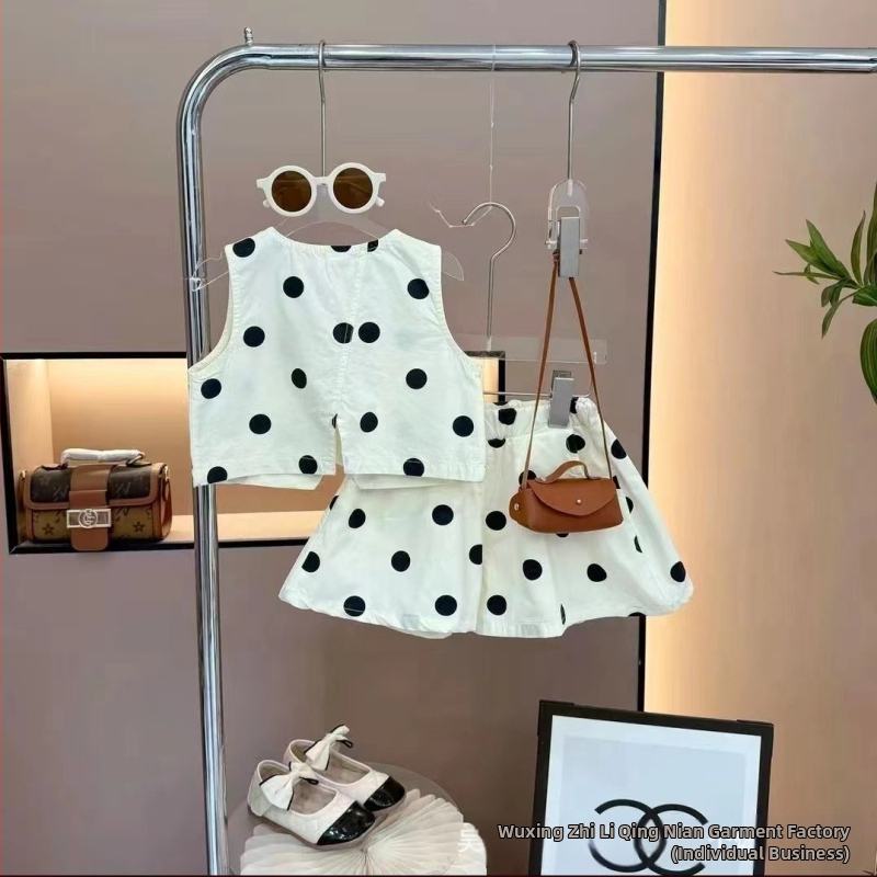 Fete 2025 vară stil coreean Polka Dot top și pantaloni scurți set din două piese pentru fete copii costum la modă fără mâneci cu buline