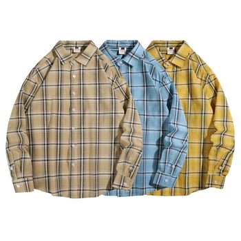 Cămașă japoneză în carouri galben-albastru, tip oraș, bărbătească, cu mânecă lungă, stil american, retro, toamnă timpurie, pentru studenți