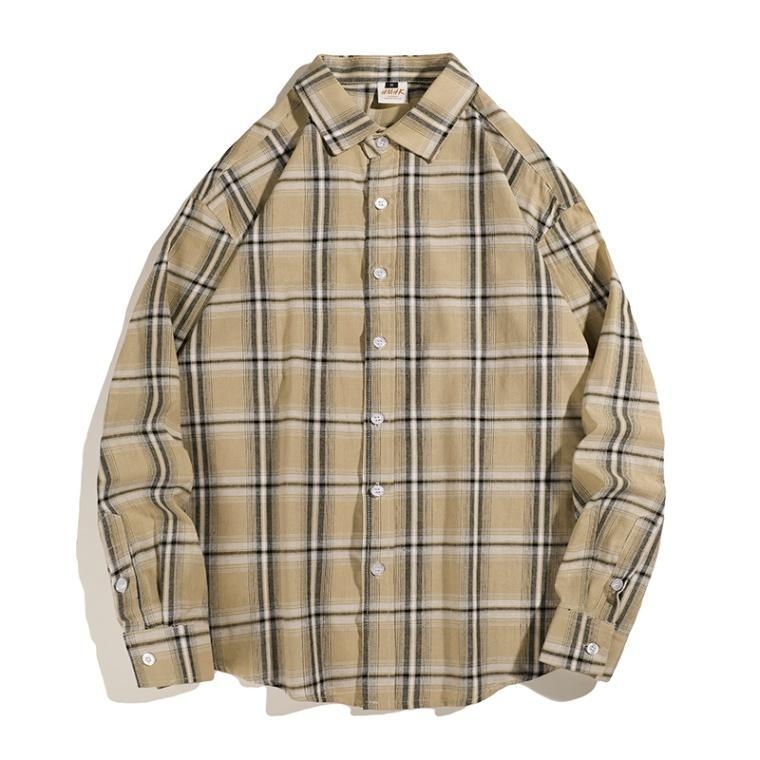 Cămașă japoneză în carouri galben-albastru, tip oraș, bărbătească, cu mânecă lungă, stil american, retro, toamnă timpurie, pentru studenți