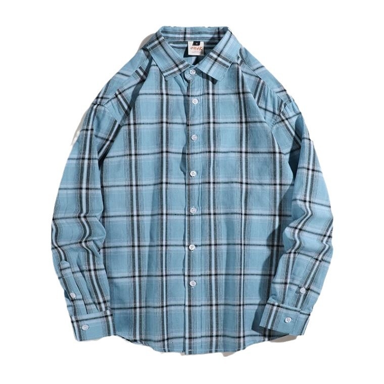 Cămașă japoneză în carouri galben-albastru, tip oraș, bărbătească, cu mânecă lungă, stil american, retro, toamnă timpurie, pentru studenți