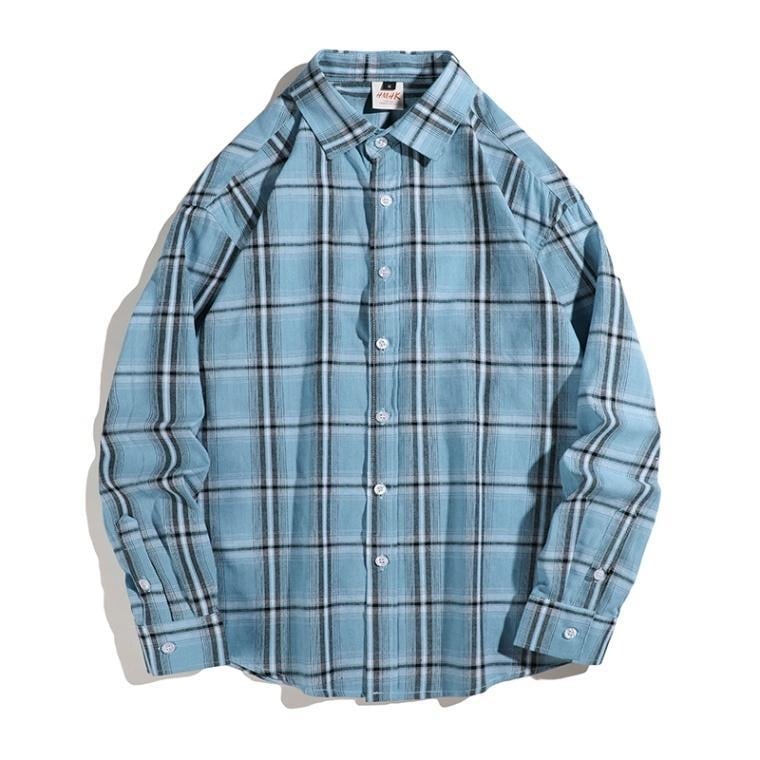 Cămașă japoneză în carouri galben-albastru, tip oraș, bărbătească, cu mânecă lungă, stil american, retro, toamnă timpurie, pentru studenți