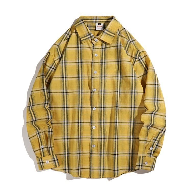 Cămașă japoneză în carouri galben-albastru, tip oraș, bărbătească, cu mânecă lungă, stil american, retro, toamnă timpurie, pentru studenți