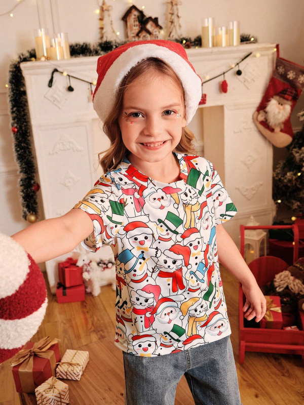 Nova djevojačka ljetna majica kratkih rukava s okruglim izrezom, modni božićni print, široki top RA1