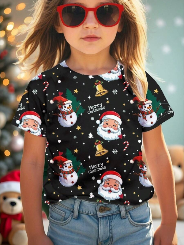 Nova djevojačka ljetna majica kratkih rukava s okruglim izrezom, modni božićni print, široki top RA1