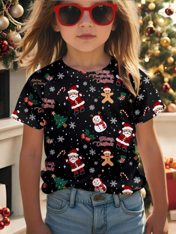 Nova djevojačka ljetna majica kratkih rukava s okruglim izrezom, modni božićni print, široki top RA1