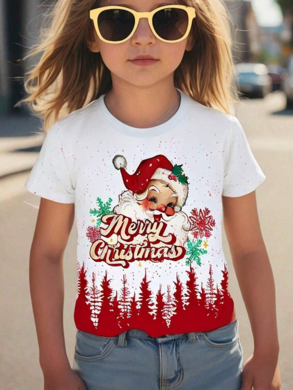 Nova djevojačka ljetna majica kratkih rukava s okruglim izrezom, modni božićni print, široki top RA1