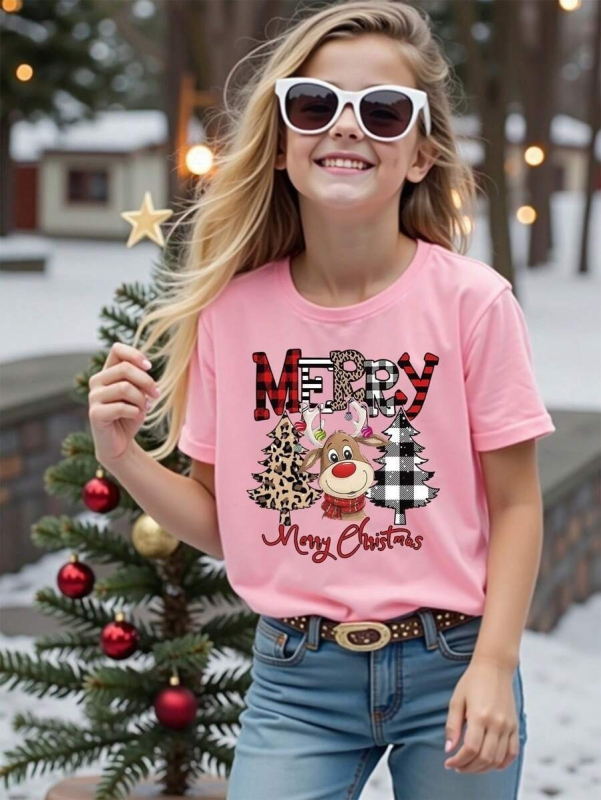 Nova djevojačka ljetna majica kratkih rukava s okruglim izrezom, modni božićni print, široki top RA1