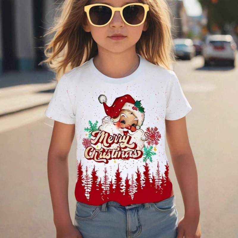 Nova djevojačka ljetna majica kratkih rukava s okruglim izrezom, modni božićni print, široki top RA1