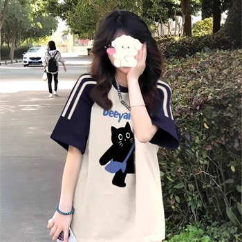 Amerikietiški retro stiliaus trijų juostų „Raglan“ marškinėliai trumpomis rankovėmis mergaitėms, vasariniai, jaunesniųjų klasių moksleiviams, laisvi marškinėliai pusrankovėmis.