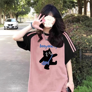 Amerikietiški retro stiliaus trijų juostų „Raglan“ marškinėliai trumpomis rankovėmis mergaitėms, vasariniai, jaunesniųjų klasių moksleiviams, laisvi marškinėliai pusrankovėmis.