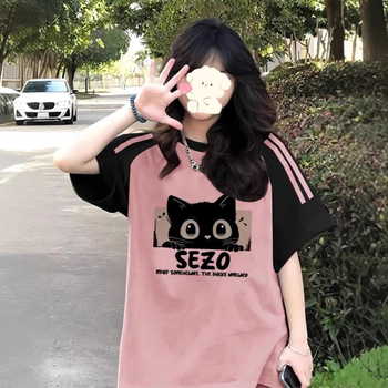 Amerikietiški retro stiliaus trijų juostų „Raglan“ marškinėliai trumpomis rankovėmis mergaitėms, vasariniai, jaunesniųjų klasių moksleiviams, laisvi marškinėliai pusrankovėmis.