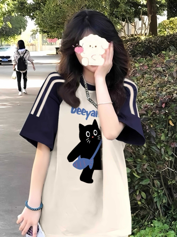 Amerikietiški retro stiliaus trijų juostų „Raglan“ marškinėliai trumpomis rankovėmis mergaitėms, vasariniai, jaunesniųjų klasių moksleiviams, laisvi marškinėliai pusrankovėmis.