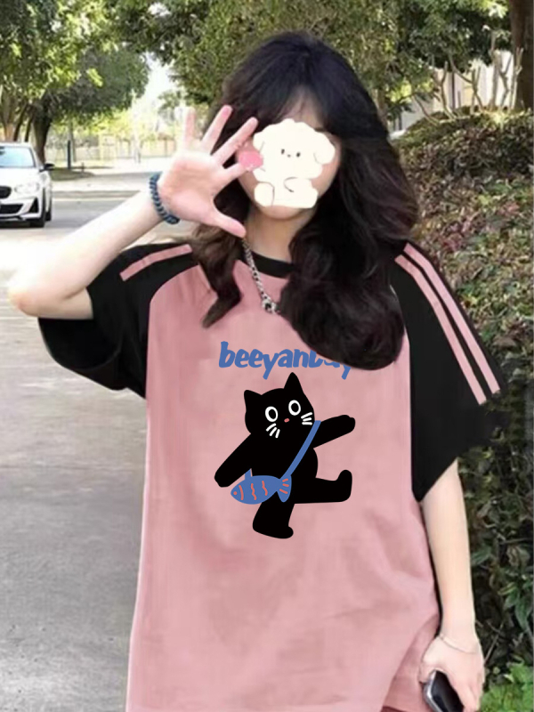 Amerikietiški retro stiliaus trijų juostų „Raglan“ marškinėliai trumpomis rankovėmis mergaitėms, vasariniai, jaunesniųjų klasių moksleiviams, laisvi marškinėliai pusrankovėmis.