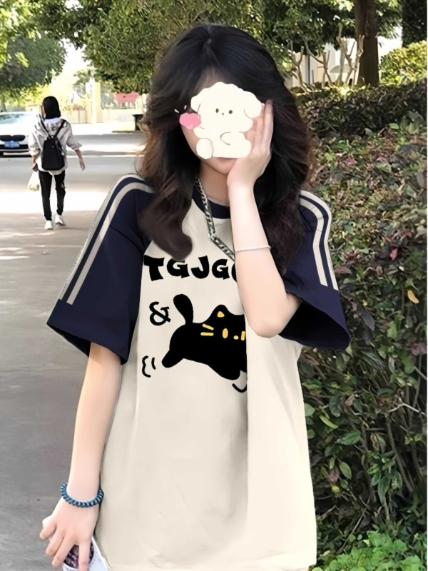 Amerikietiški retro stiliaus trijų juostų „Raglan“ marškinėliai trumpomis rankovėmis mergaitėms, vasariniai, jaunesniųjų klasių moksleiviams, laisvi marškinėliai pusrankovėmis.