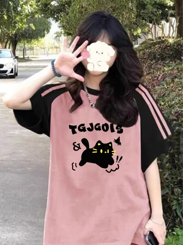 Amerikietiški retro stiliaus trijų juostų „Raglan“ marškinėliai trumpomis rankovėmis mergaitėms, vasariniai, jaunesniųjų klasių moksleiviams, laisvi marškinėliai pusrankovėmis.